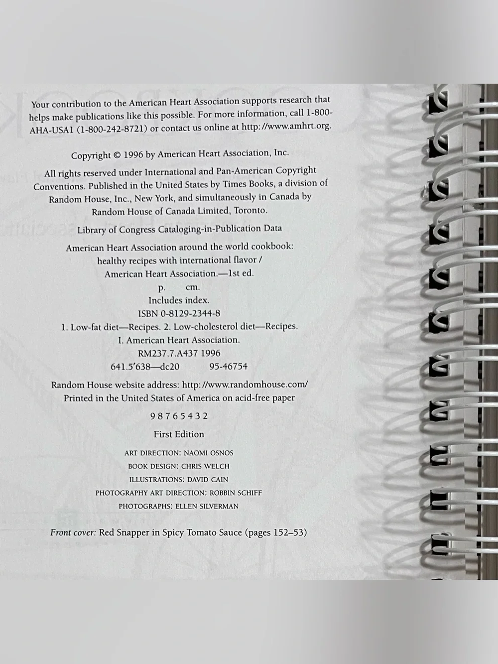 1st Ed 1996 spiral bound American Heart Association Around the World Cookbook
